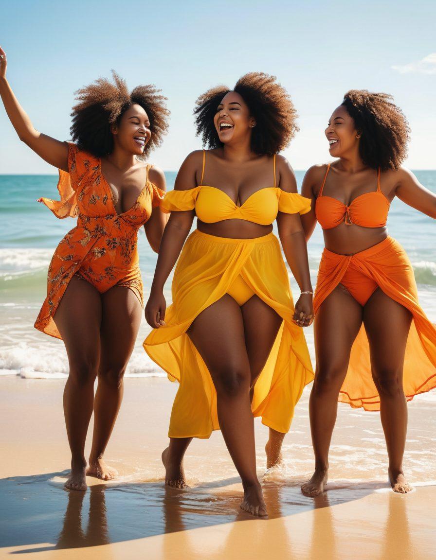A vibrant beach scene showcasing confident African women of diverse shapes and sizes, joyfully celebrating body positivity in colorful beachwear. They are laughing, dancing, and embracing their uniqueness under a bright sun, with gentle waves in the background. The image should evoke feelings of empowerment and intimacy, highlighting the beauty of diversity and self-love. super-realistic. vibrant colors. sunny atmosphere.