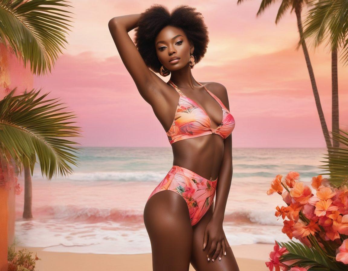 A captivating collage blending a vibrant African beach scene with elegant boudoir elements, showcasing diverse models in stylish swimwear exuding confidence and sensuality. Incorporate tropical flora, intricate patterns, and warm sunset hues to evoke a sense of allure and relaxation. This image should reflect the seamless transition between beach vibes and intimate moments. vibrant colors. tropical theme. super-realistic.